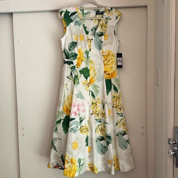 Karl Lagerfeld NWT Cap Sleeve Yellow Floral V Neck Midi A-Line Dress Size 12 New - Picture 4 of 7